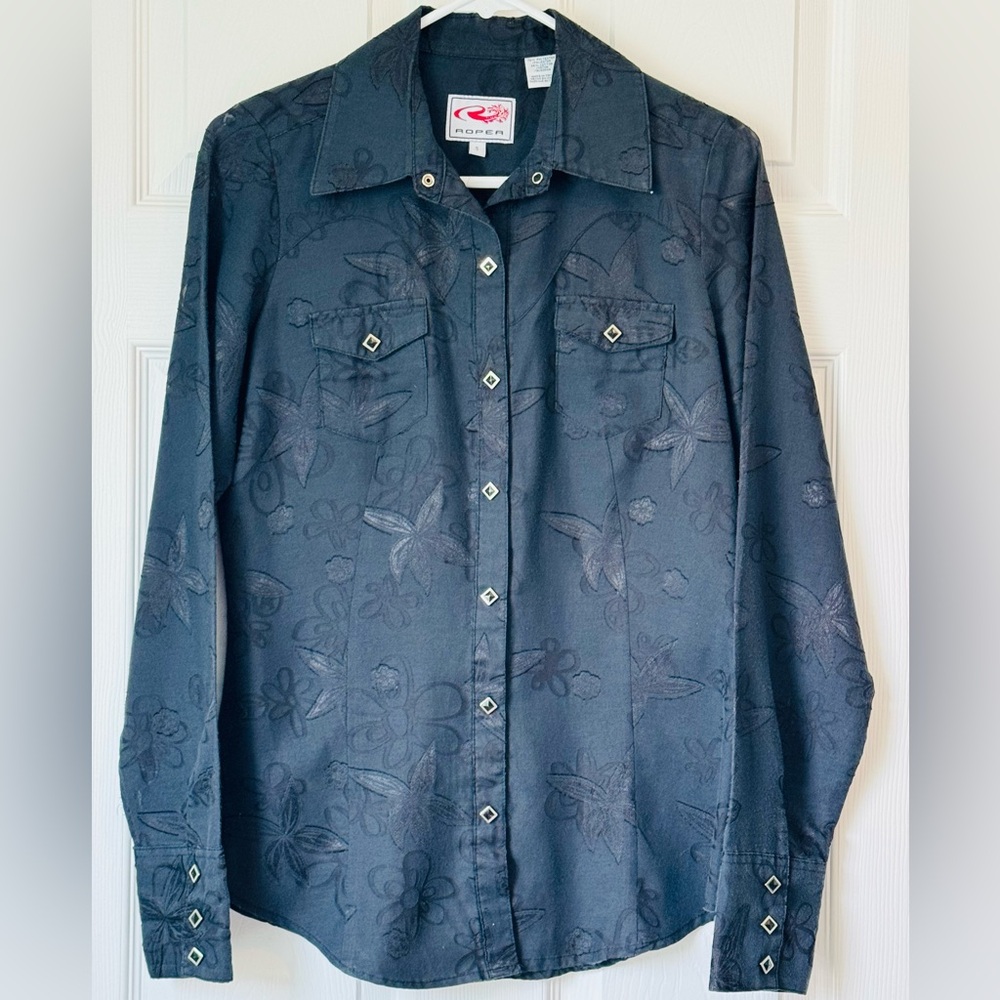 Roper Black Floral Sheer Button Down
